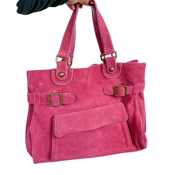 Y2K GAP Suede Leather Shoulder Tote Bag Pink Buckle Flap Pocket - Picture 1 of 11